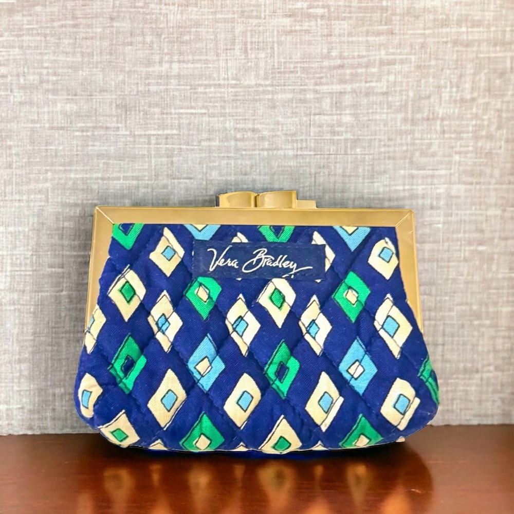 Vera Bradley Change Purse Blue, White, Green Geometric Design